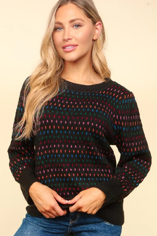 BLACK  MULTI COLOR JACQUARD SWEATER KNIT TOP Houndstooth Herringbone Solid