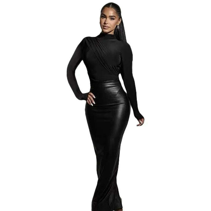 Black PU Leather Long Skirt Sexy Women High Waist Elegant High Street Faux Leather Casual Skirt button skirt front