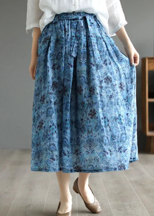 Blue Print Pockets Patchwork Linen Skirt Wrinkled Tie Waist Summer elastic waist skirt