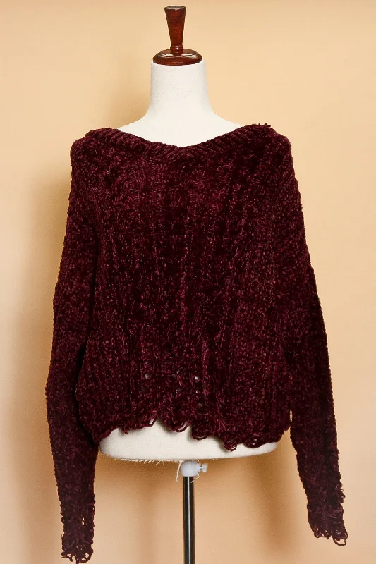 Burgundy Chenille Loose Loop Sweater Fitted Slim Tailored