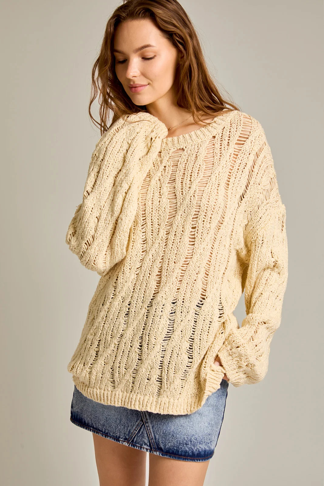Long Sleeve Round Neckline Relax Crochet Sweater Silk Blend Satin Velvet