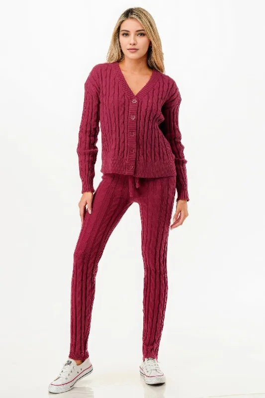 Cable Sweater Cardigan 2pc Set Fleece Sweater Nylon Polyester