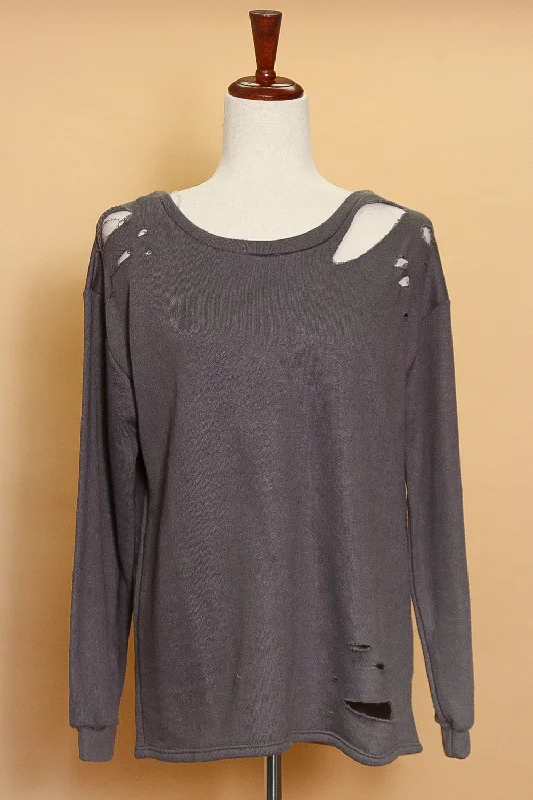 Cement French Terry Distressed Sweater Herringbone Houndstooth Plaid