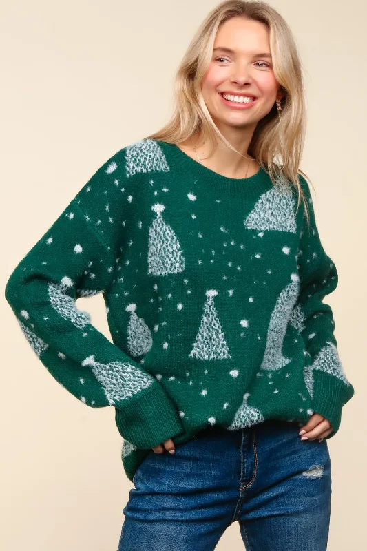Holiday Tree Jacquard Fuzzy Sweater Top Silk Blend Satin Velvet