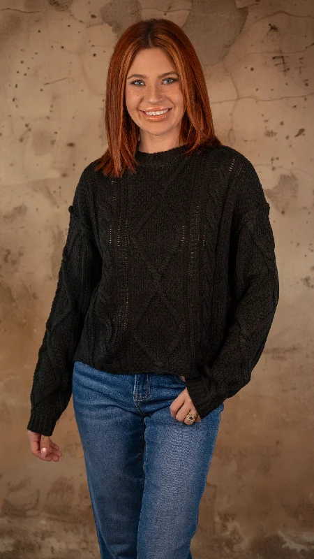 Clara Black Cable Knit Sweater Chenille Fabric Brocade Fabric Lace Fabric