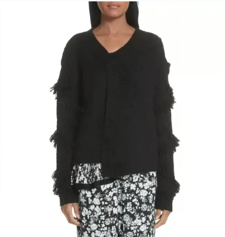 Cold Shoulder Fringe Mixed Media Sweater In Black/white Seamless Knitted Crochet