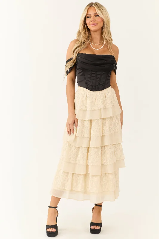 Cream Lace Ruffle Tiered Maxi Skirt pleated skirt texture