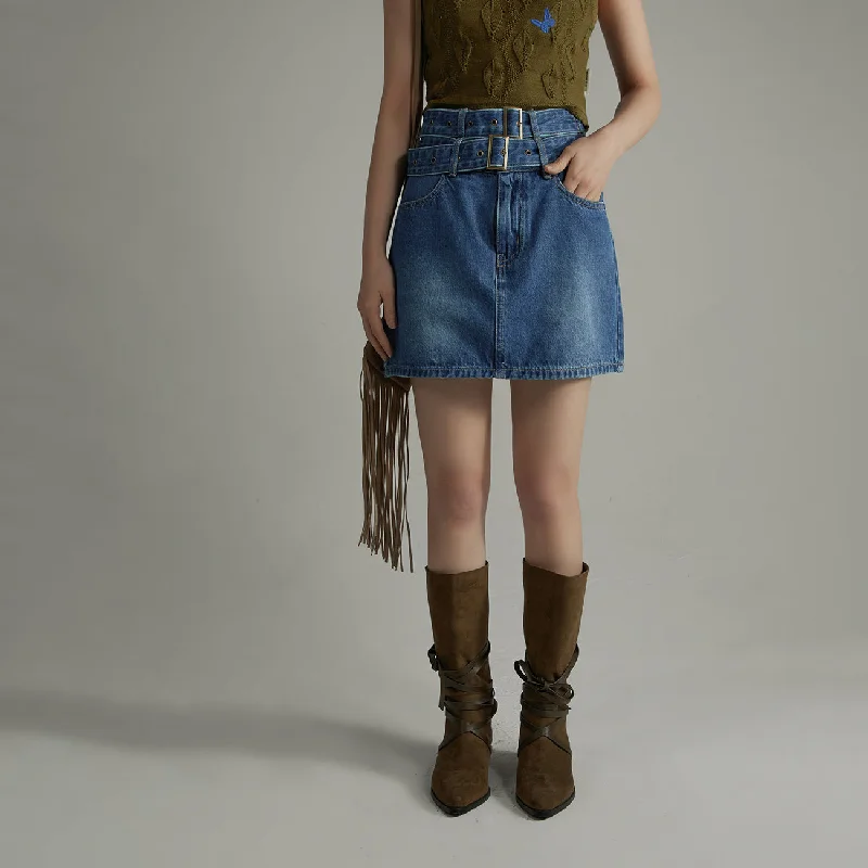 Double Belted Mini Denim Skirt breathable skirt fabric