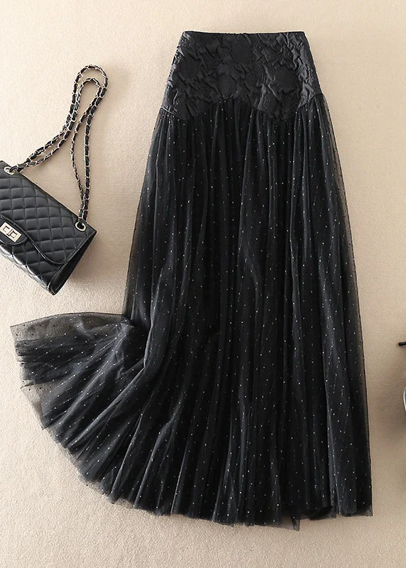 Elegant Black Zip Up Patchwork Tulle Skirts Spring lace skirt intricate