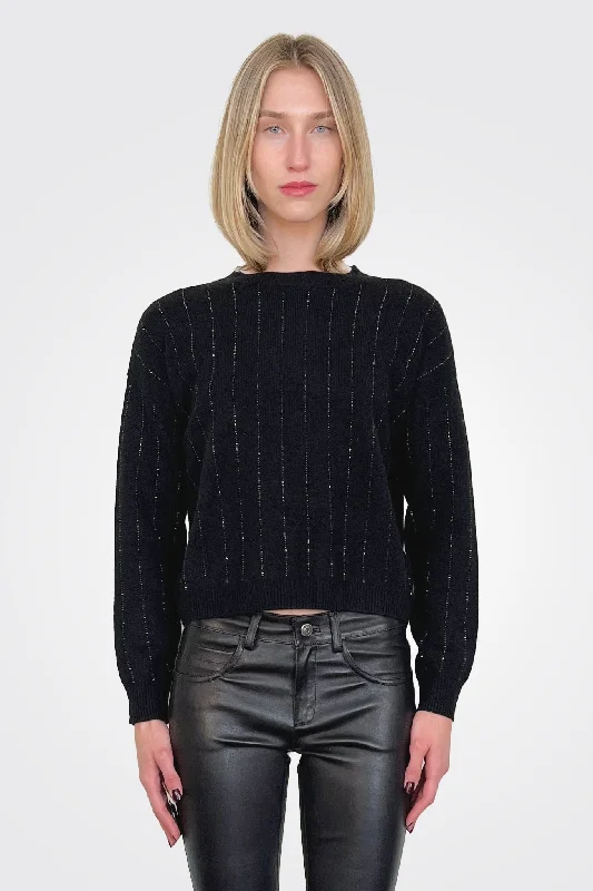 Embellished Sweater - Black Striped Floral Plaid