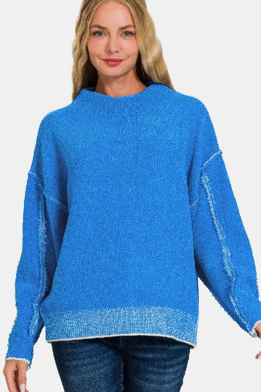 Exposed Seam Mock Neck Long Sleeve Sweater Glossy Satin Silk