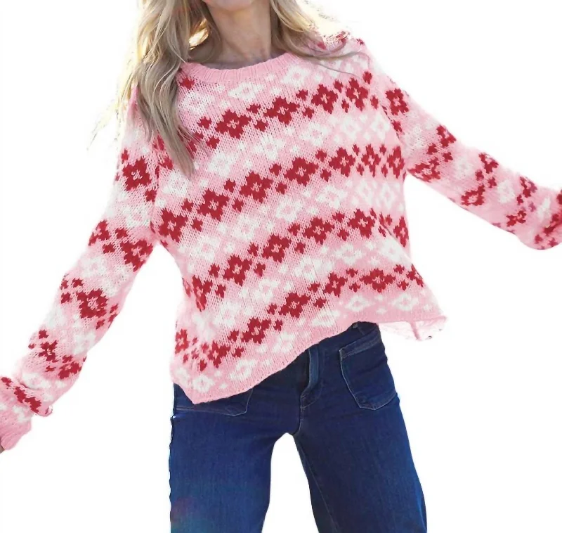 Fair Isle Crew Sweater In First Blush Satin Fabric Silk Fabric Chiffon Fabric