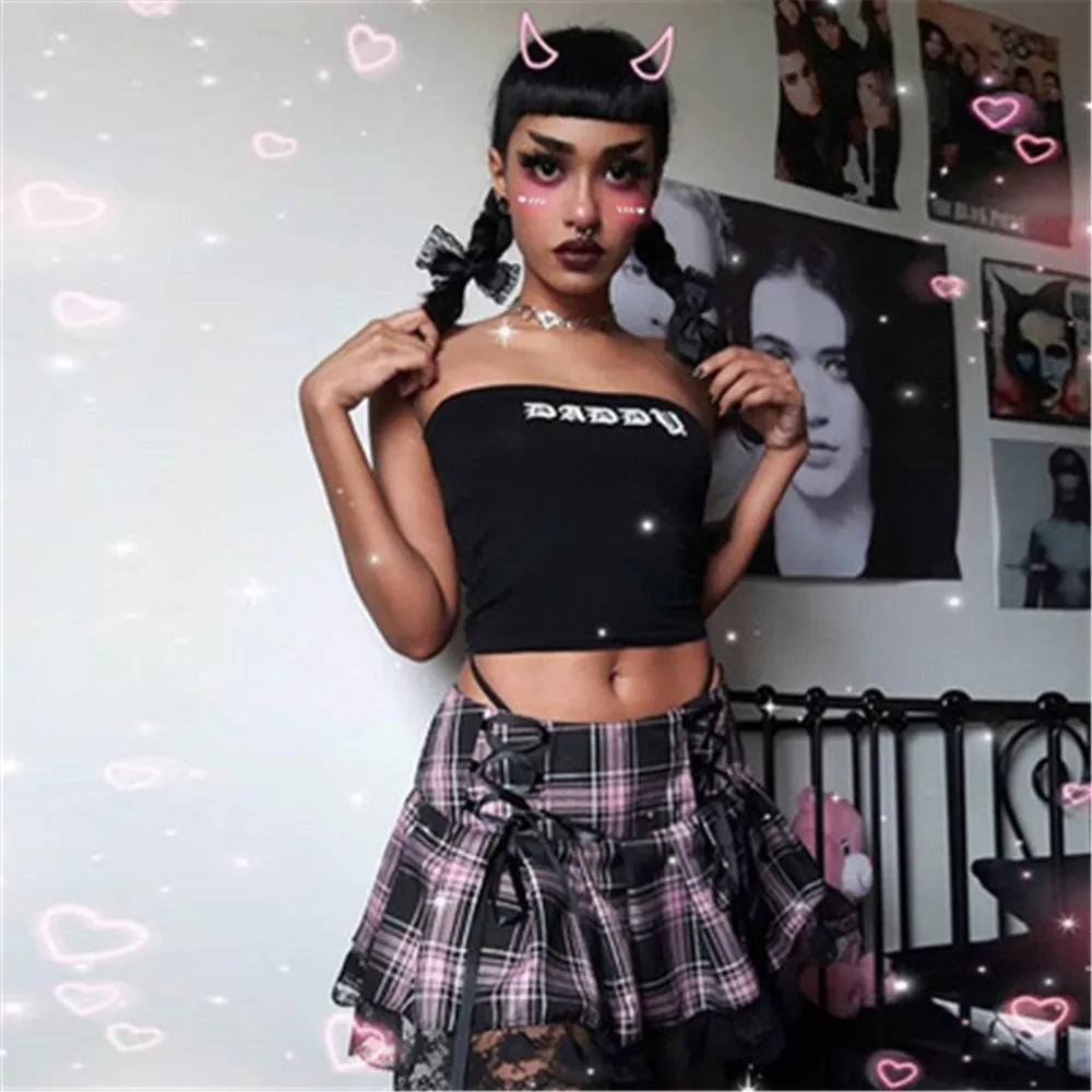 Mall Gothic Grunge Summer Mini Women Y2K Vintage Lace Harajuku Streetwear High Waist Bandage Sexy Skirt asymmetrical skirt cut