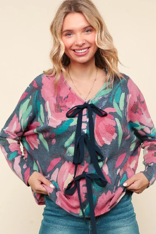 FLORAL LOOSE FIT HACCI SWEATER KNIT TOP Terry Blend Velvet Blend Canvas Blend