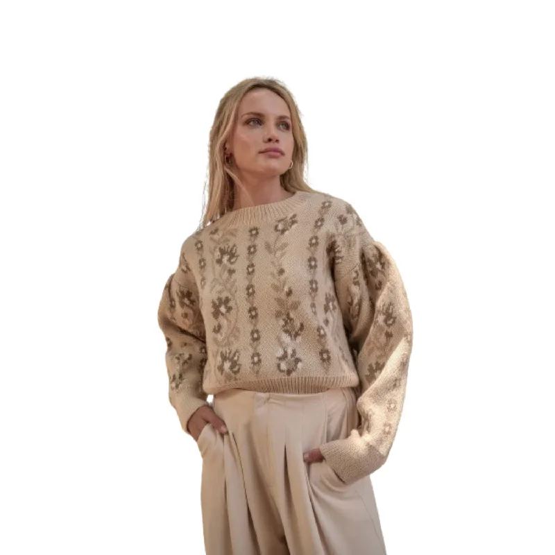 Floral Round Neck Long Sleeve Relax Fit Sweater Terry Blend Velvet Blend Canvas Blend