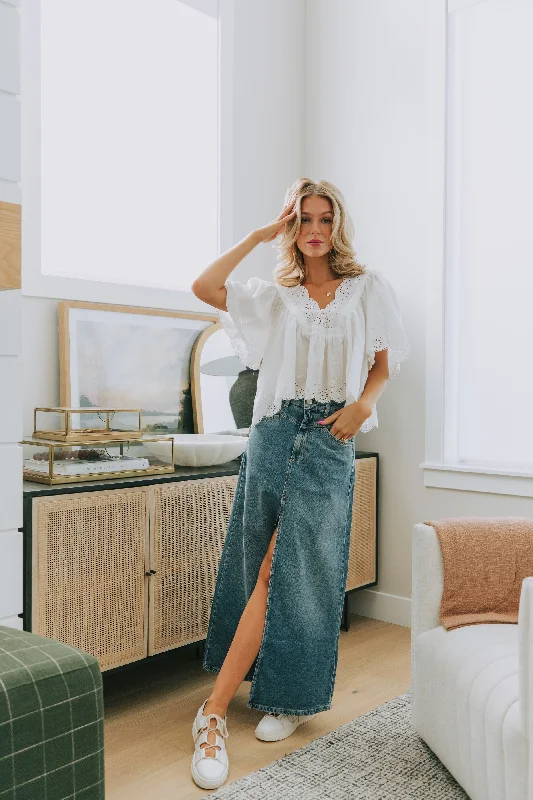 FREE PEOPLE - Come As You Are Denim Maxi Skirt velvet skirt glossy
