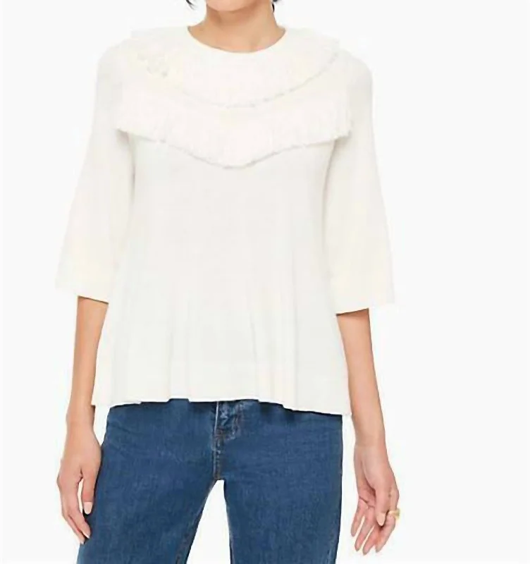 Fringe Sleeve Wool Pullover Sweater In Ivory Casual Formal Business