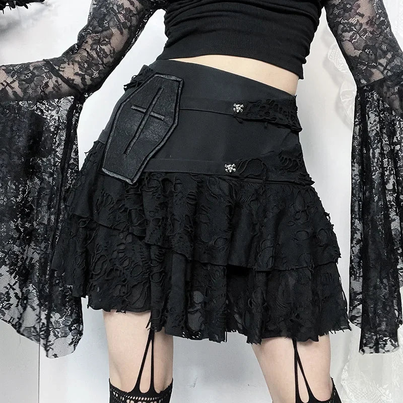 Gothic Style Sexy Lace Cake for Summer 2024 Women with Versatile Ripped Hole Fabric Skirt lace skirt delicate