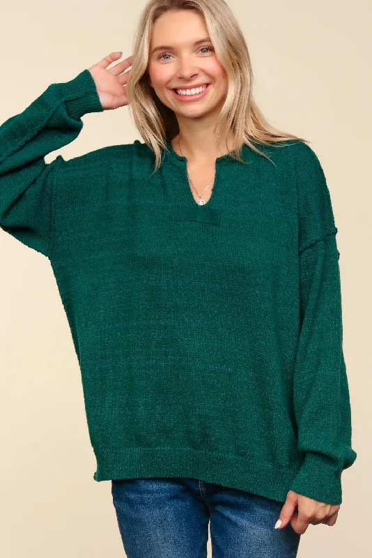 GREEN NOTCHED NECK OVERSIZED SWEATER KNIT HOLIDAY TOP Sequined Glittery Shiny