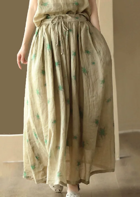 Green Print Patchwork Linen Skirt Wrinkled Tie Waist Summer linen skirt relaxed