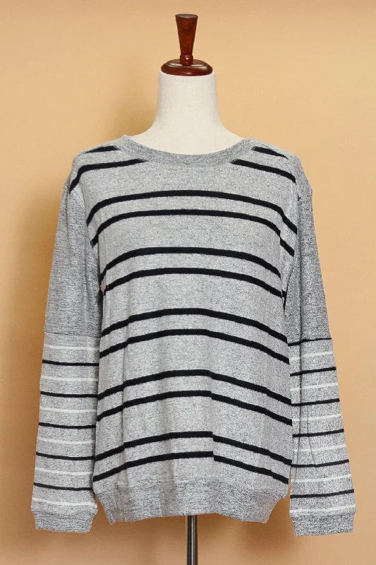 Grey Marled Stripe Sweater Print Jacquard Patchwork