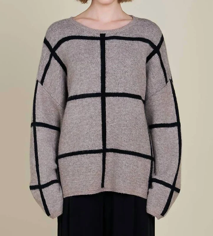 Grid Sweater In Greige Striped Floral Plaid