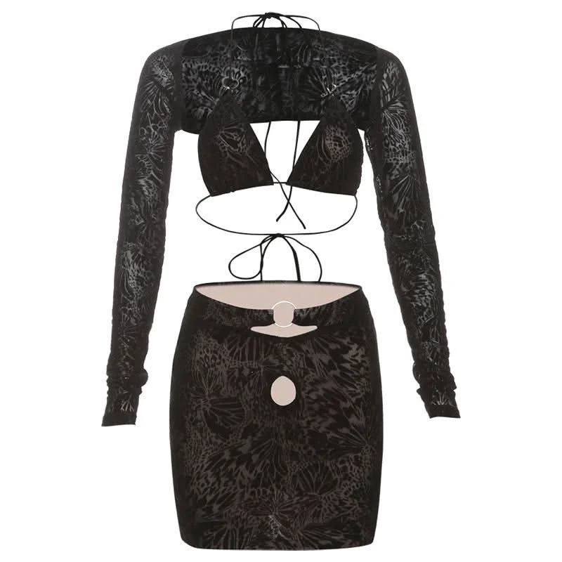 Halter o ring shrug 3 piece mini skirt set silk skirt lustrous