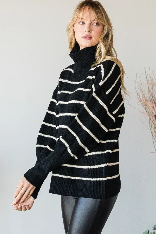 Heavy Knit Striped Turtle Neck Knit Sweater Graphic Sweater Embroidered Appliqued