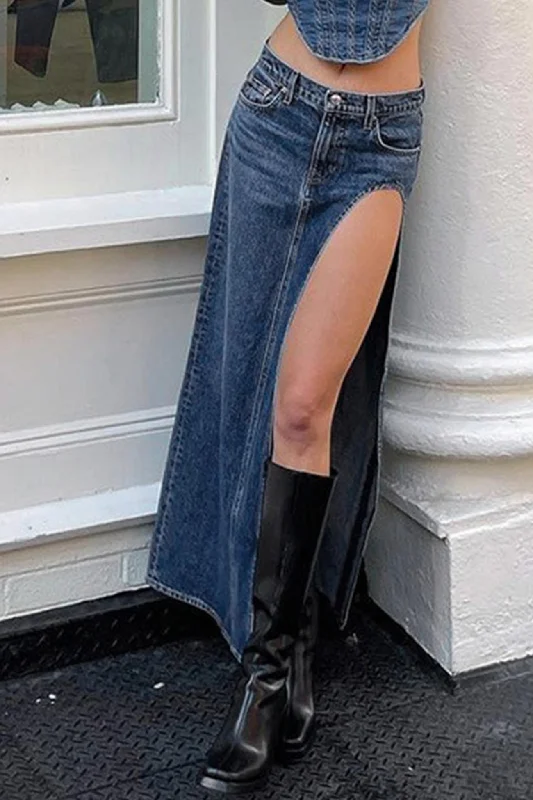 High Waist High Slit Denim Skirt leather skirt refined