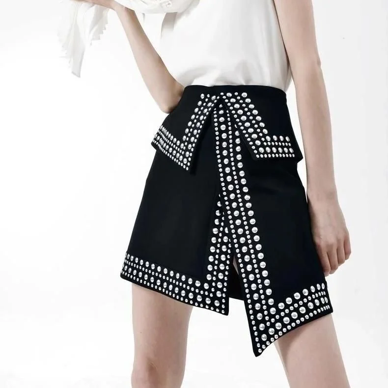 High Waist Punk Rivet Mini Skirt with Irregular Slit and Back Zipper leather skirt durable