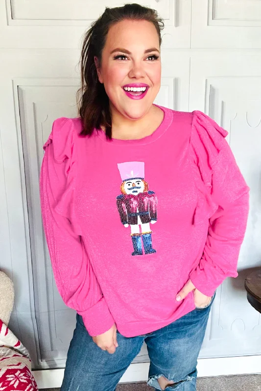 Holiday Hot Pink Sequin Nutcracker Ruffle Hacci Sweater (Open Pack) Stylish Fashionable Trendy Holiday Hot Pink Sequin Nutcracker Ruffle Hacci Sweater (Open Pack) Stylish Fashionable Trendy
