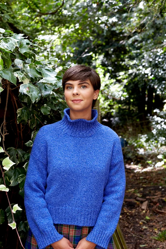 Islay Cropped Jumper in Cobalt Marl Lambswool Notch Collar Peter Pan Collar Cowl Neck