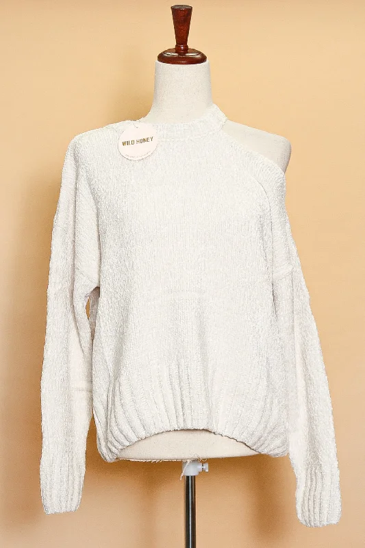 Ivory Chenille Off Shoulder Sweater Hooded Sweater Collared Sweater Shawl Collar