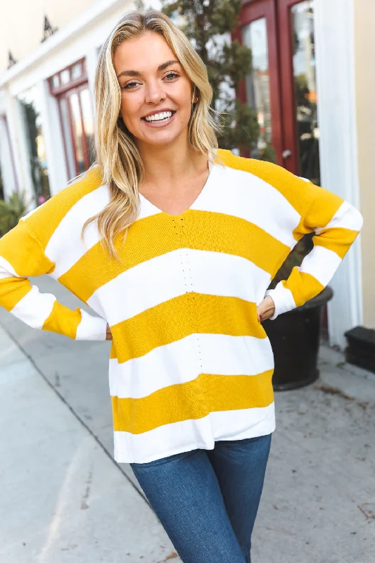 Ivory & Mustard Stripe Sweater Graphic Sweater Embroidered Appliqued