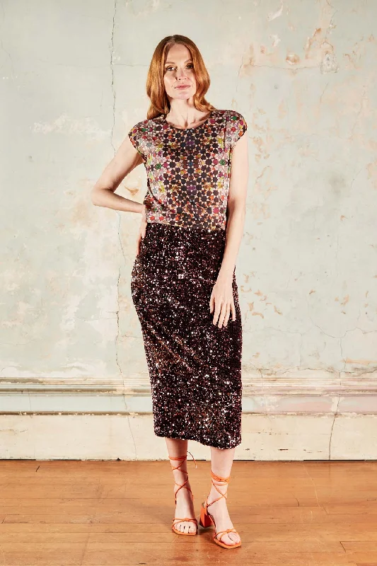 Jubilee Skirt Pink/Silver in Sequinned Velvet wool skirt breathable