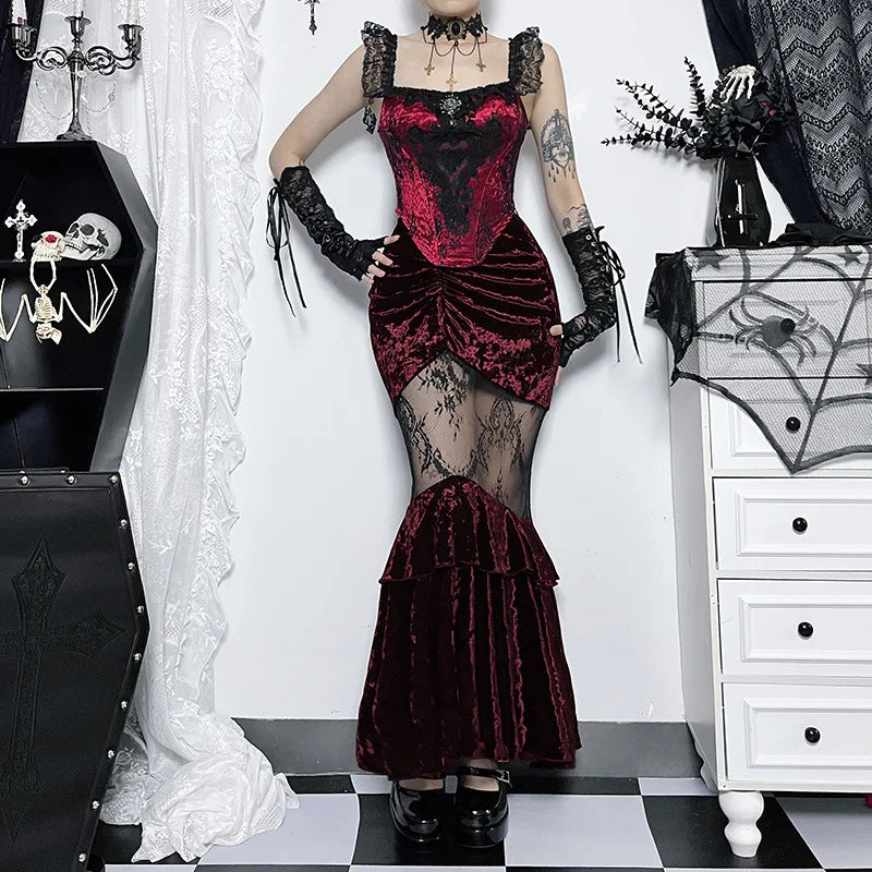 Black Fairy Grunge Women Gothic Velvet Lace Stitching Fall Sexy Fishtail Skirt velvet skirt glossy