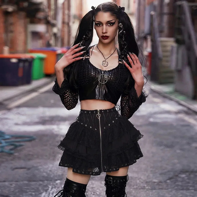 Women's Vintage High Waist Zipper Front Style Kawaii Black Harajuku Gothic Skater Mini Skirt maxi skirt elegant