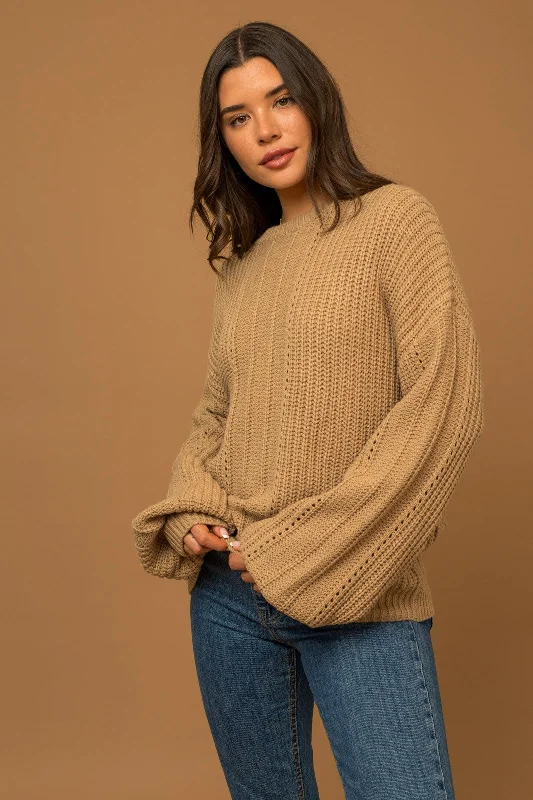 Round Neck Balloon Sleeve Braid Knit Sweater Fitted Loose Oversized