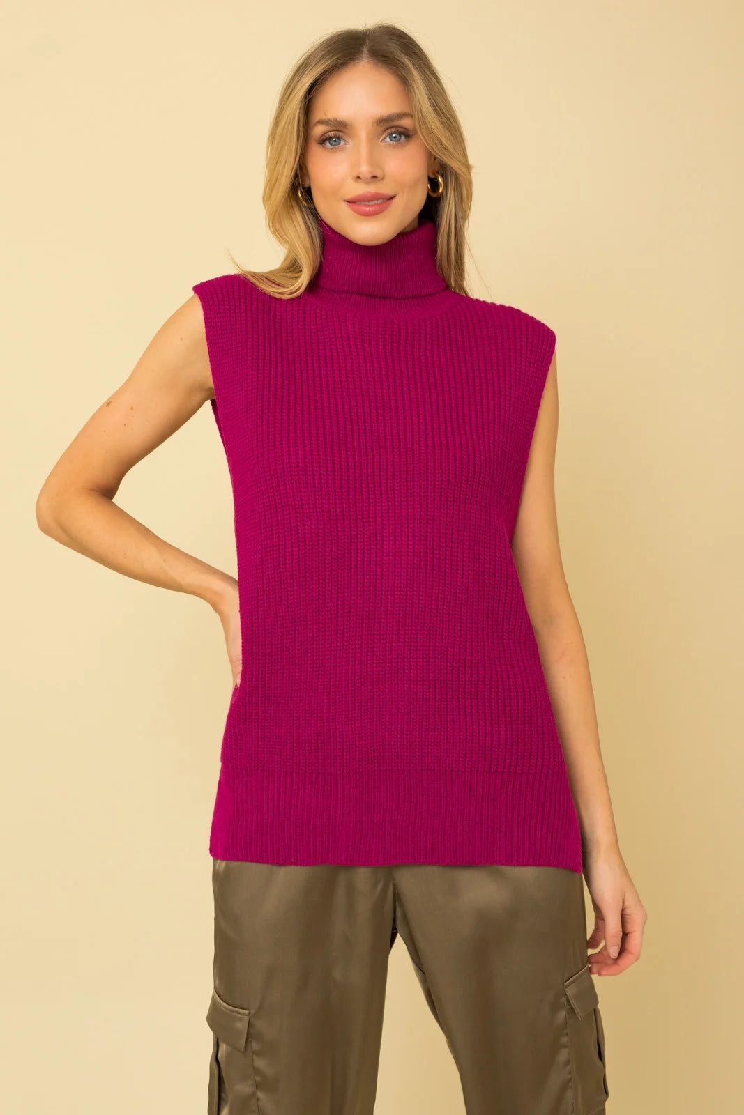Oversized Fit Turtleneck Cozy Sweater Vest Welt Pockets Slit Pockets Flap Pockets