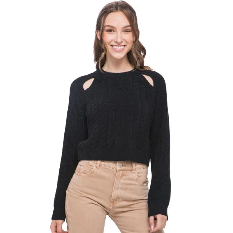Knit Pullover Sweater With Cold Shoulder Detail Ribbed Striped Patterned
