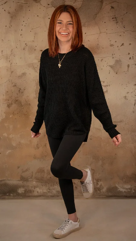 Kourtney Black Waffle Knit Sweater Knit Fabric Woven Fabric Fleece Fabric