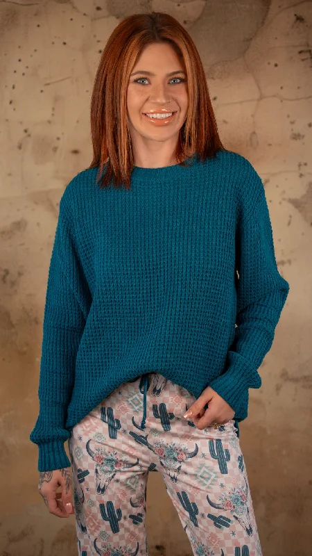 Kourtney Teal Waffle Knit Sweater Bright Pastel Dark