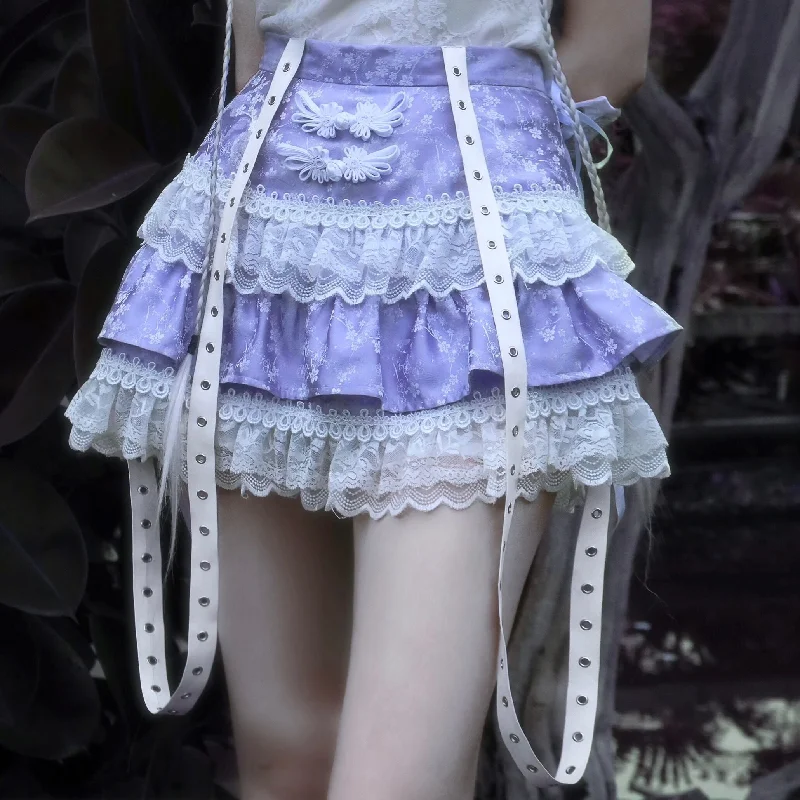Lace purple cake skirt PL52472 denim skirt durable