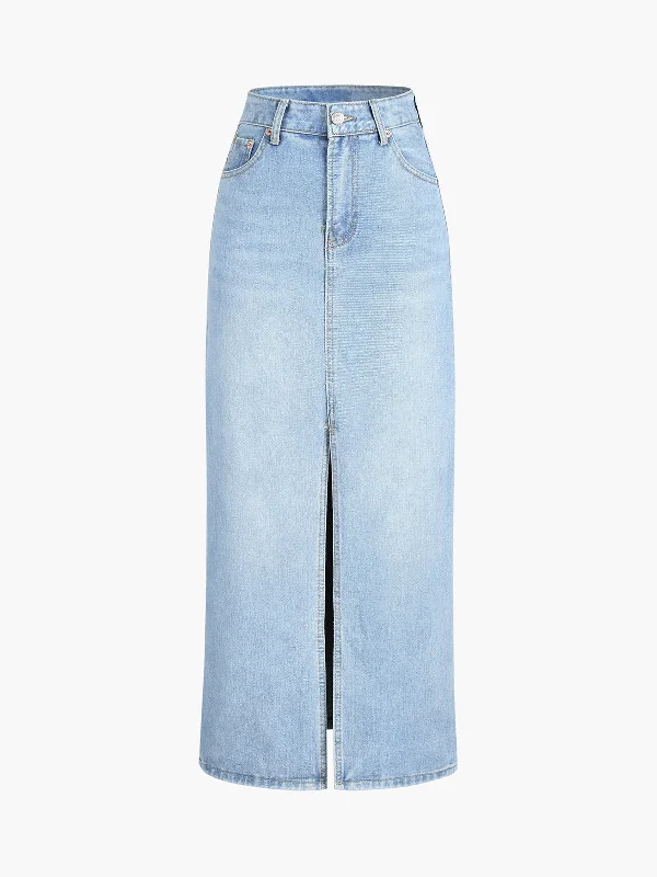 BerryBetty - Leisure Denim Slit Maxi Skirt wool skirt warm