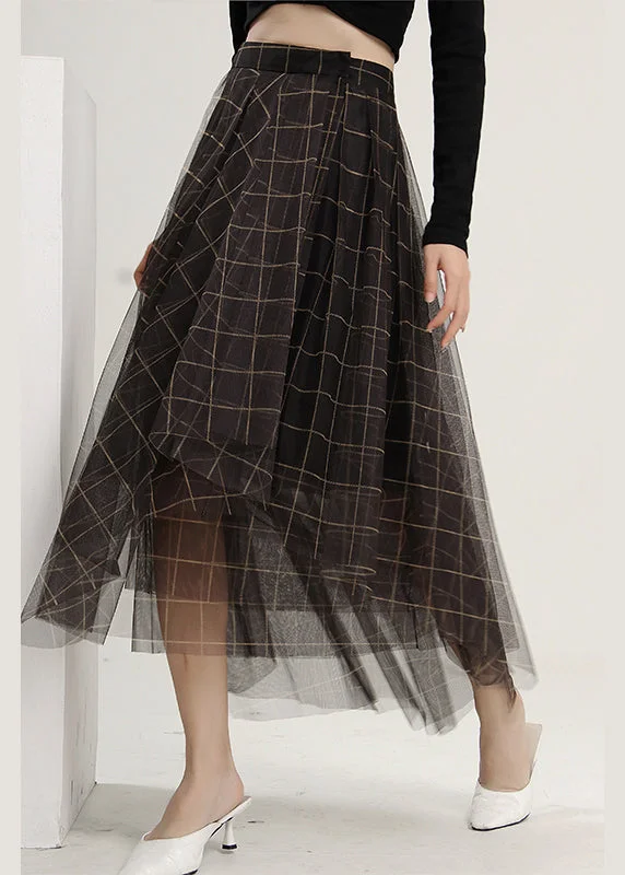 Loose Asymmetrical Plaid Tulle a line skirts Spring casual skirt length