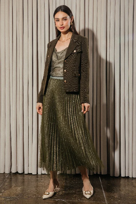 Shimmery Pleated Midi Skirt a-line skirt cut