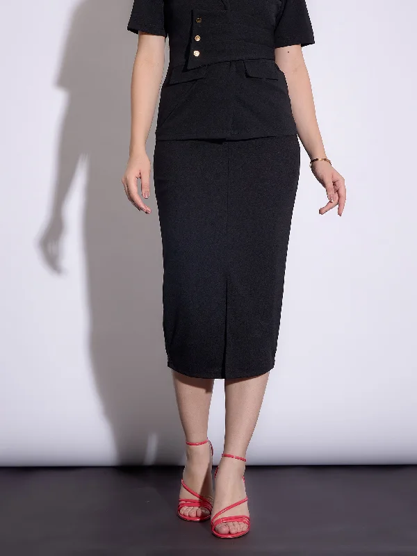 Lyush Women Black Front Slit Midi Skirt denim skirt classic