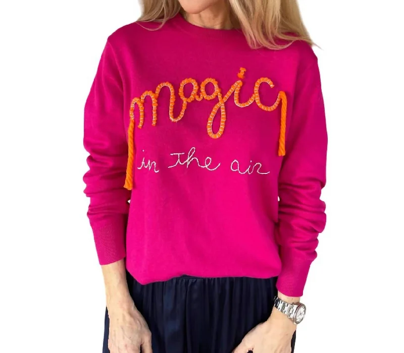 "magic In The Air" Crew Sweater In Fuchsia Rose Zippered Buttoned Snapped
