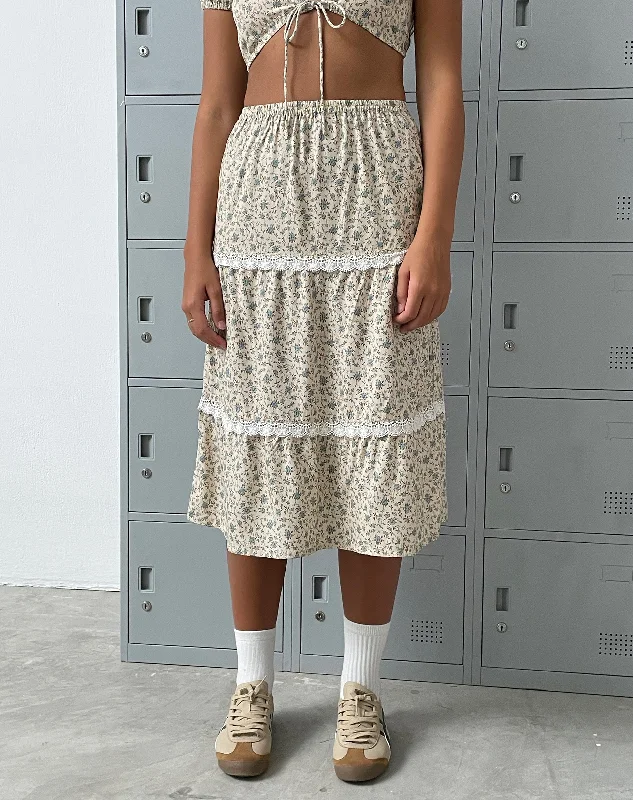 Maxce Low Rise Midi Skirt in Antique Blue and Ivory Floral lace skirt feminine