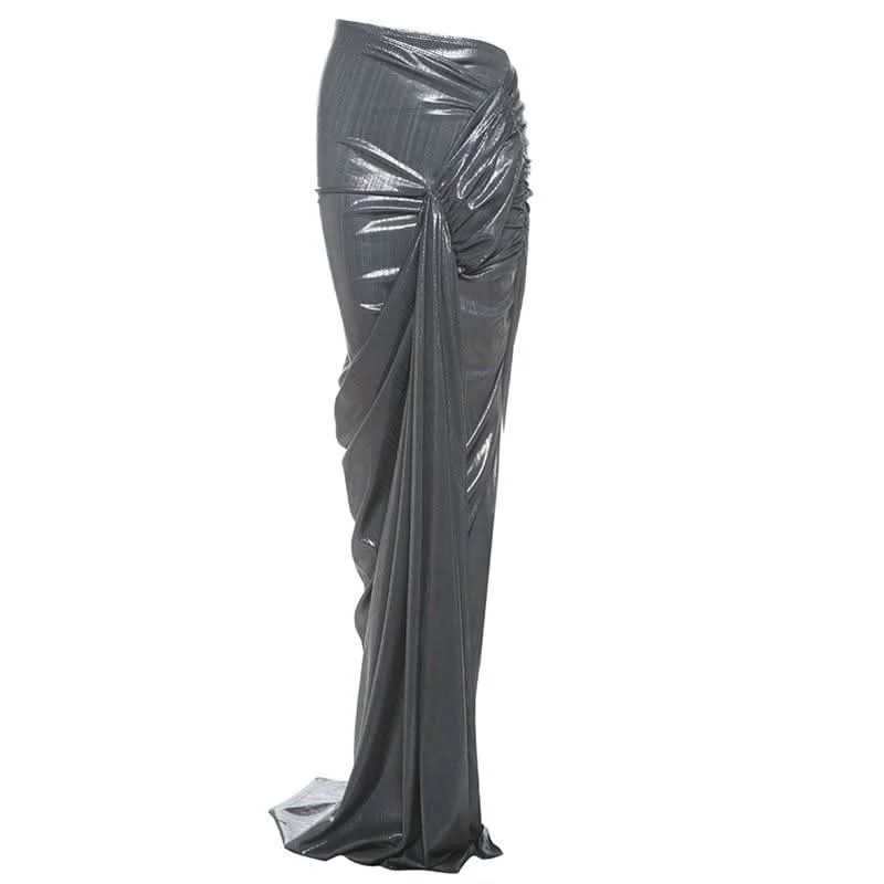 Metallic slit ruched maxi skirt boho skirt vibe
